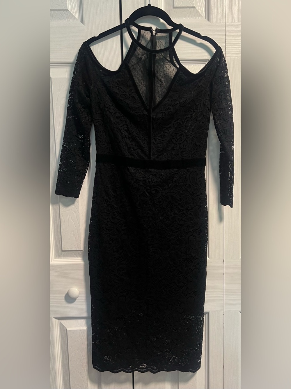 Express Lace Velvet Piped Cold Shoulder Sheath Dress
